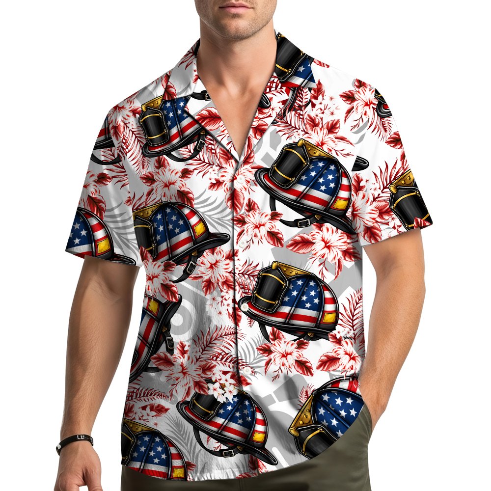 Lifestyle view showing the firefighter patriotic tropical hawaiian shirts in a family setting