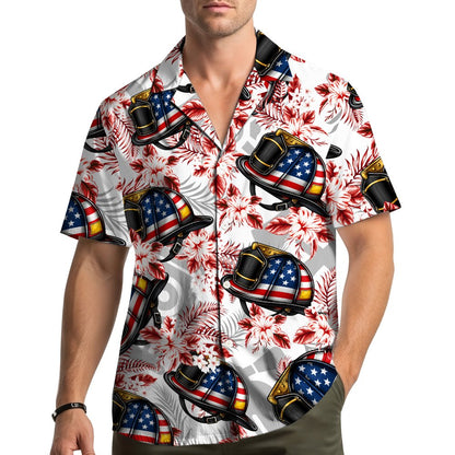 Lifestyle view showing the firefighter patriotic tropical hawaiian shirts in a family setting
