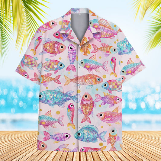 Pink fish hawaiian shirt featuring colorful watercolor fish and gold dots, main view