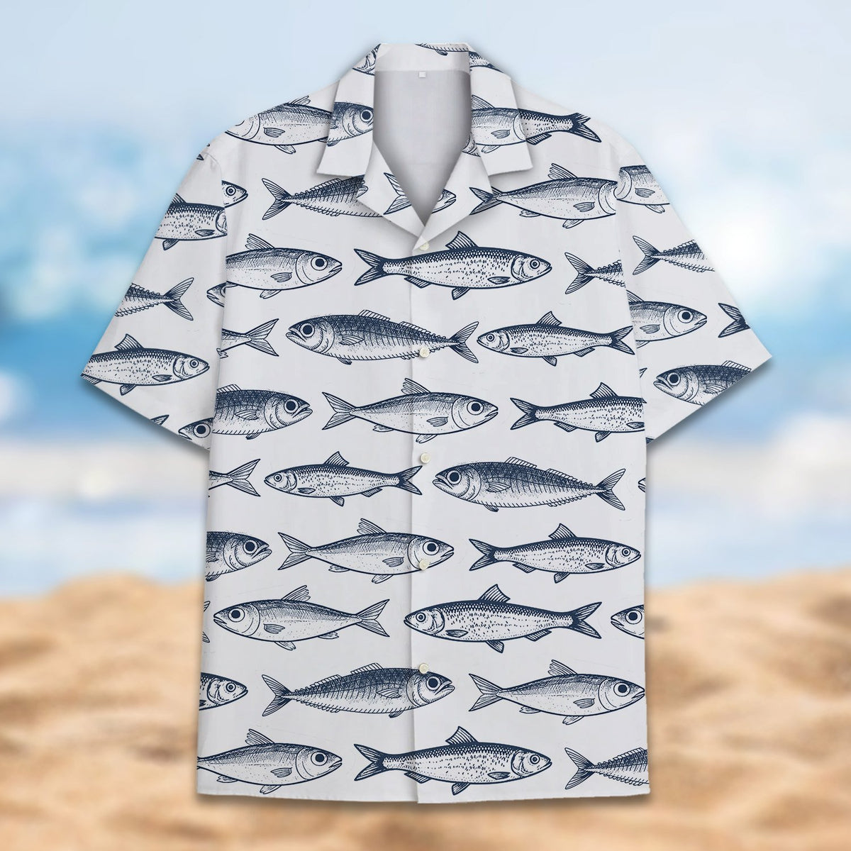 Detailed front view of the vintage navy fish hawaiian shirt