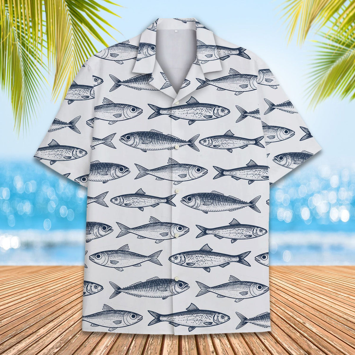 Close up front view of the fish pattern on the white shirt