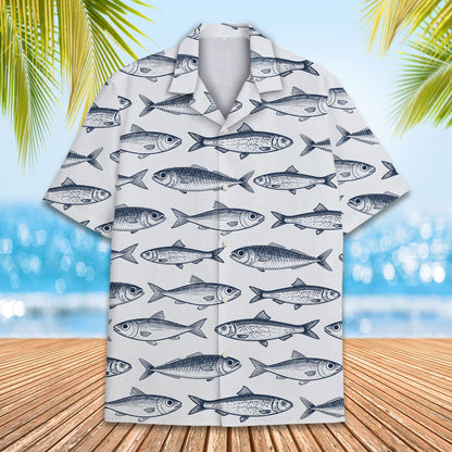 Close up front view of the fish pattern on the white shirt