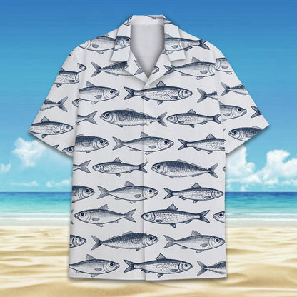 Main view of matching family white fish hawaiian shirt featuring vintage navy illustrations