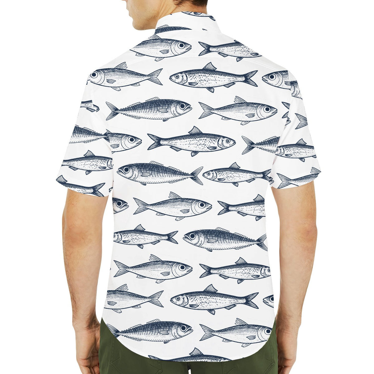 Second lifestyle view of the fish hawaiian shirt worn outdoors