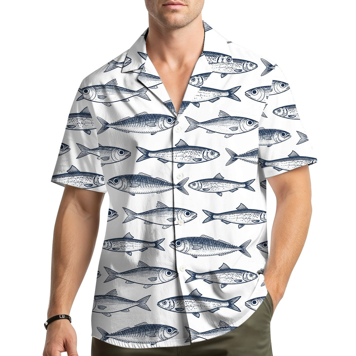 Lifestyle view of a family wearing matching hawaiian shirts with a fish design