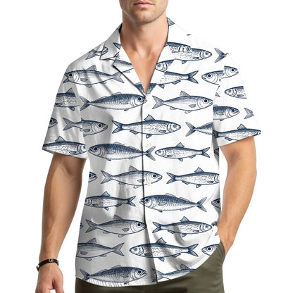 Lifestyle view of a family wearing matching hawaiian shirts with a fish design