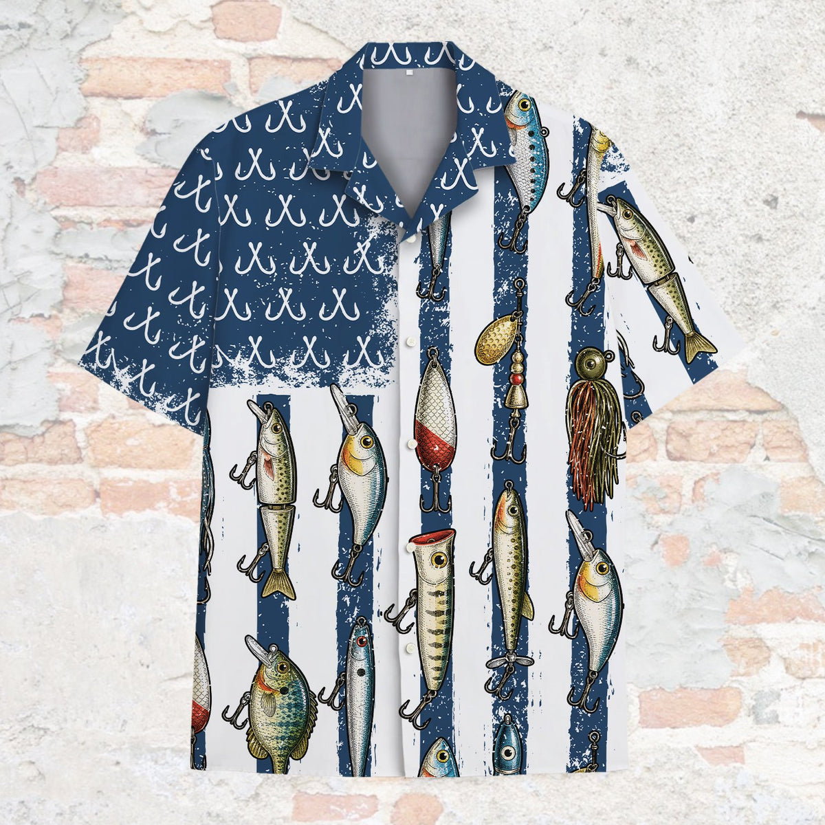 Fishing and patriotic hawaiian shirt front folded view