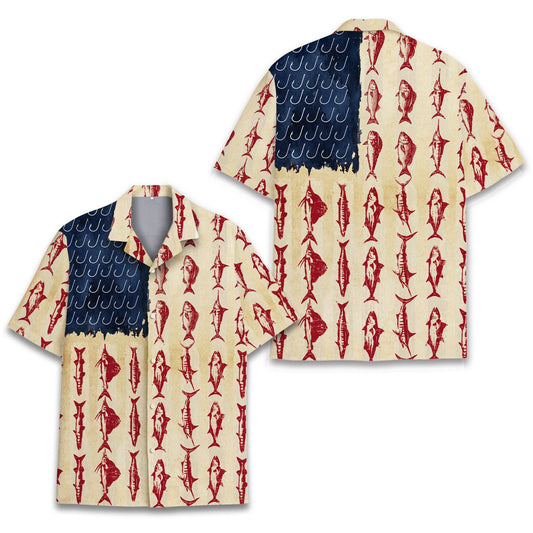 Matching family Hawaiian shirts with fishing and patriotic design, main view