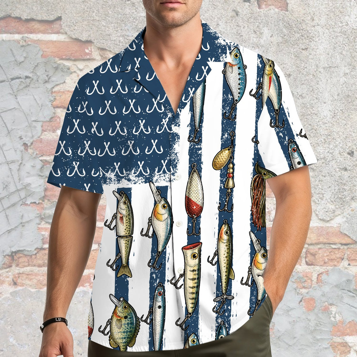 Lifestyle view of the fishing hawaiian shirt