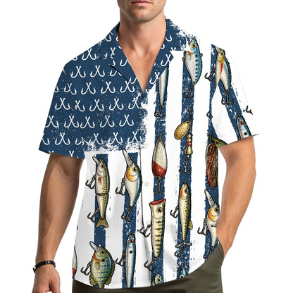Person wearing the fishing and patriotic hawaiian shirt outdoors