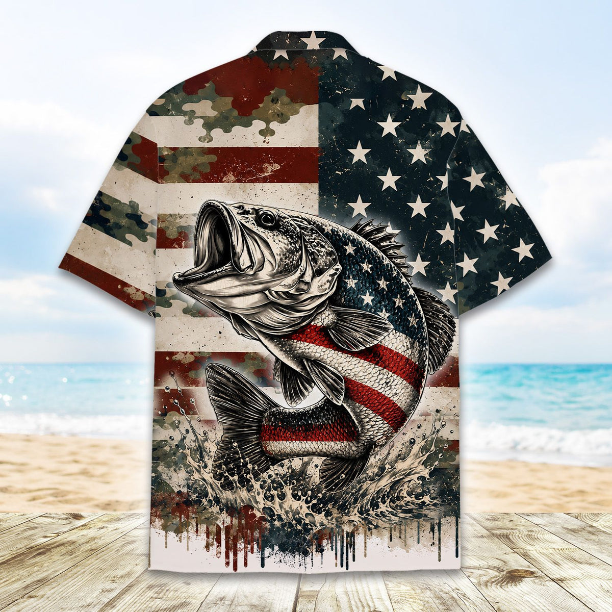 Another back view of the patriotic bass hawaiian shirt