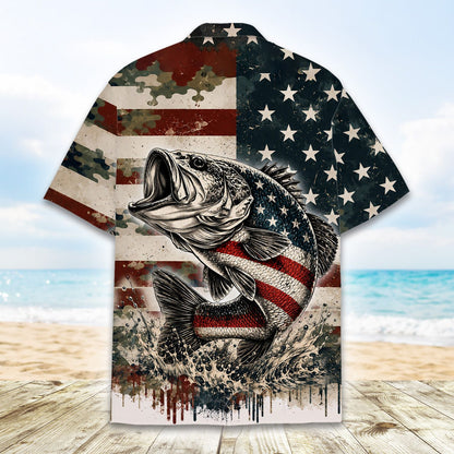 Another back view of the patriotic bass hawaiian shirt