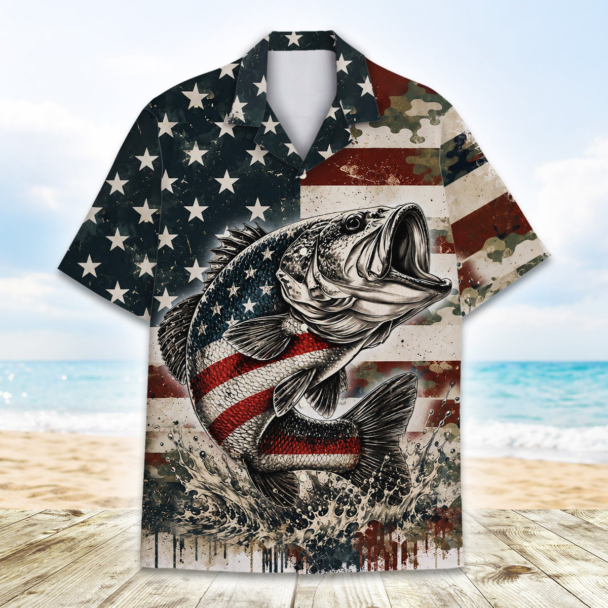 Detailed back view of the fishing and patriotism hawaiian shirt