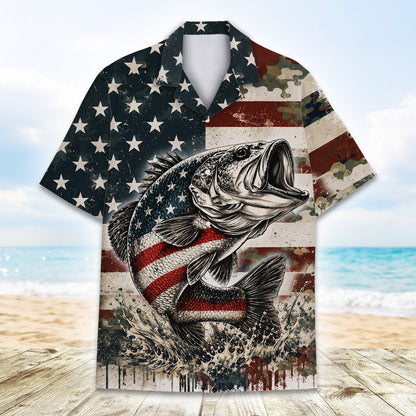 Detailed back view of the fishing and patriotism hawaiian shirt