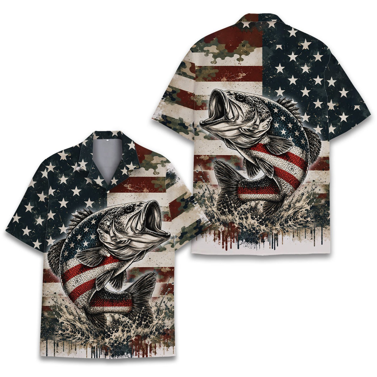Back view of the fishing and patriotism hawaiian shirt