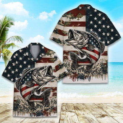 Another front view of the fishing and patriotism hawaiian shirt
