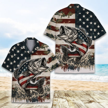 Detailed front view of the patriotic leaping bass design on the hawaiian shirt