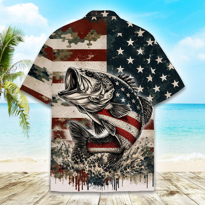 Front angle view of the matching family hawaiian shirts with fishing theme