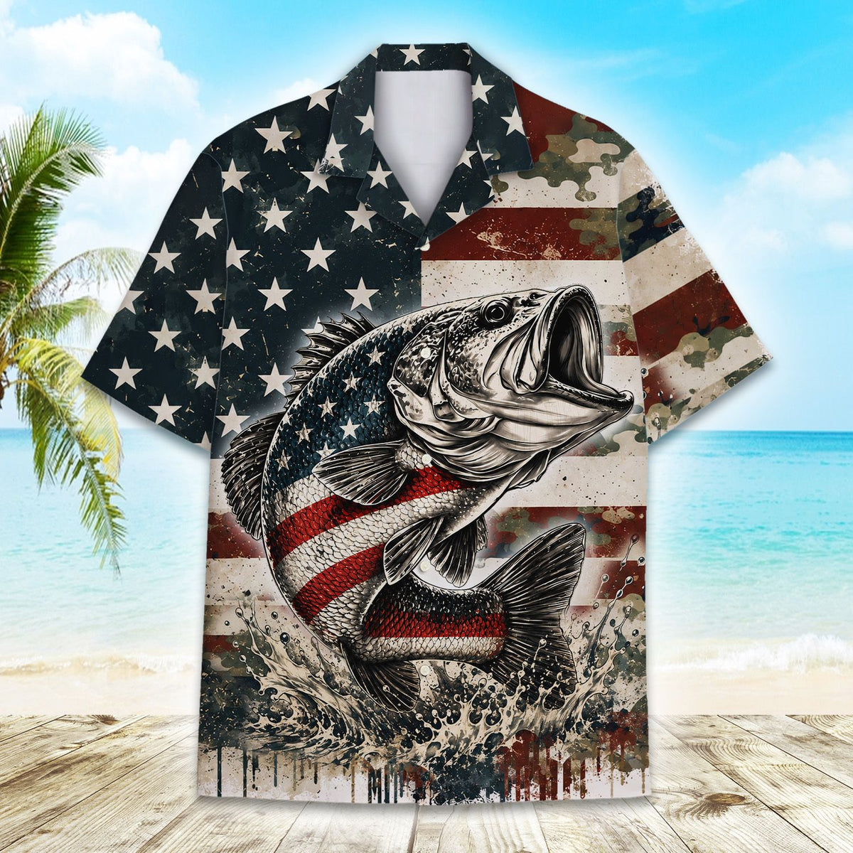 Close-up front view of the distressed American flag and camo pattern shirt
