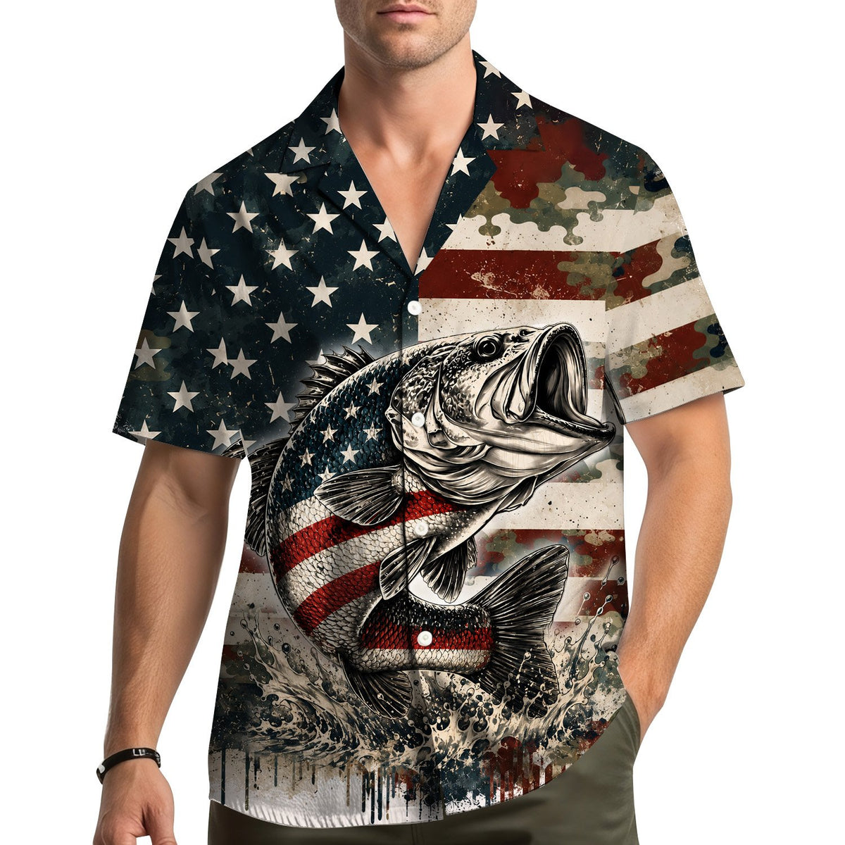 Front view of the patriotic fishing hawaiian shirt with camo stripes