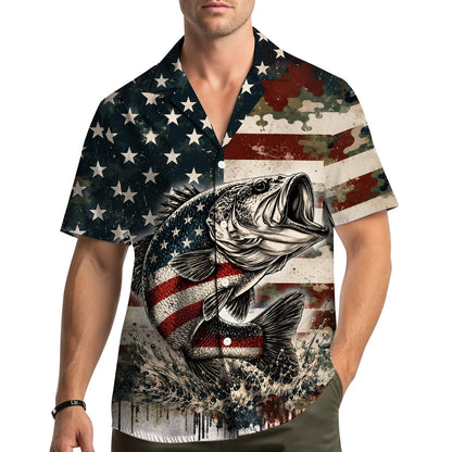 Front view of the patriotic fishing hawaiian shirt with camo stripes