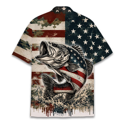 Lifestyle view of a person wearing the fishing and patriotism hawaiian shirt outdoors