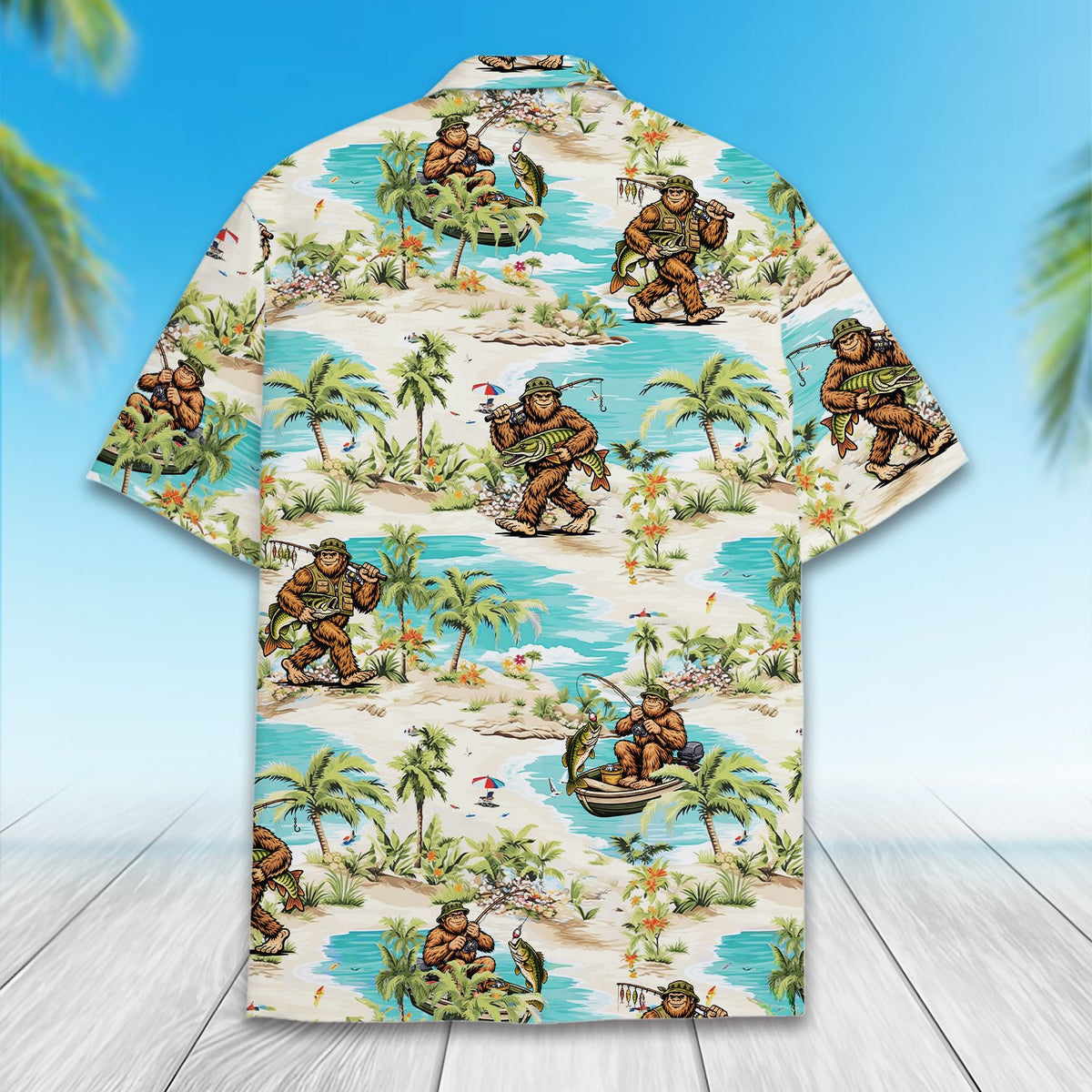 Fishing bigfoot hawaiian shirt, back flat view