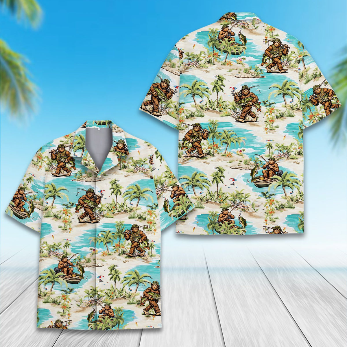 Fishing bigfoot hawaiian shirt, front flat view