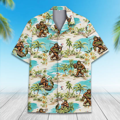 Fishing bigfoot hawaiian shirt, alternative front view