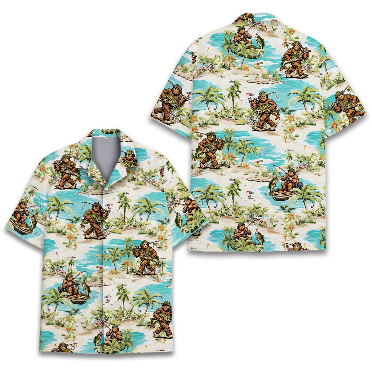 Fishing bigfoot hawaiian shirt, front view