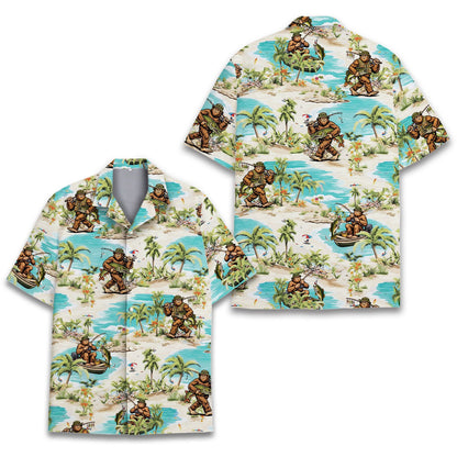 Fishing bigfoot hawaiian shirt, front view