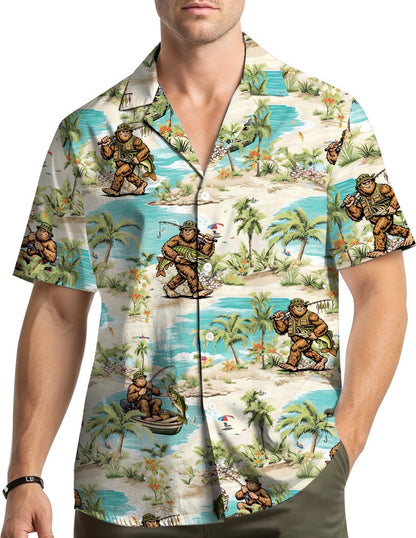 Lifestyle view of people wearing the fishing bigfoot hawaiian shirt