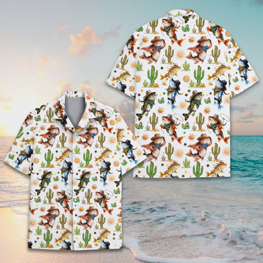 White fishing cowboy hawaiian shirt with western fish print front view