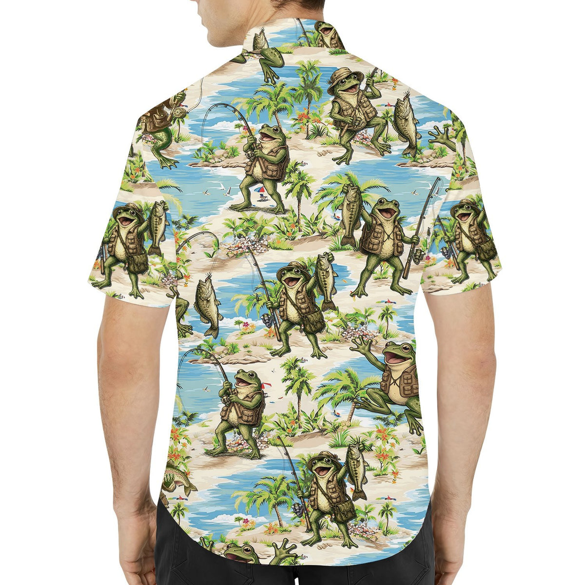 Another back view of the fishing frog tropical shirt