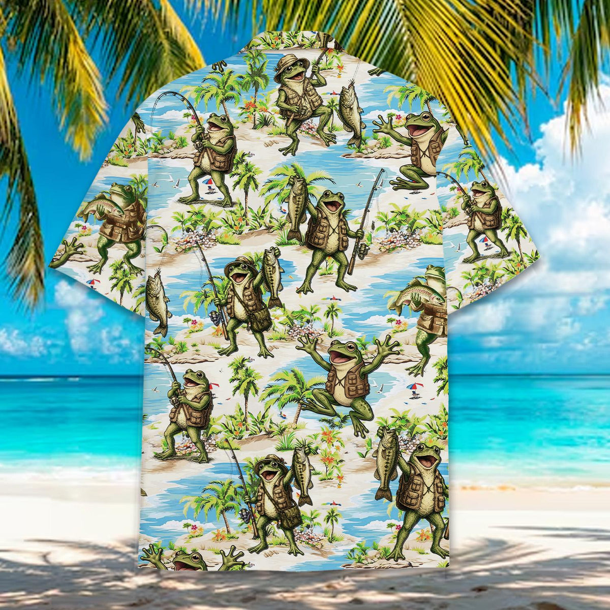 Back view of the fly fishing hawaiian shirt with tropical palm trees and frogs