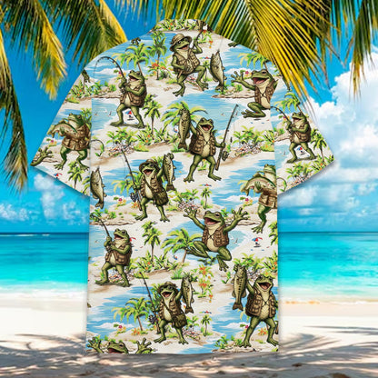 Back view of the fly fishing hawaiian shirt with tropical palm trees and frogs