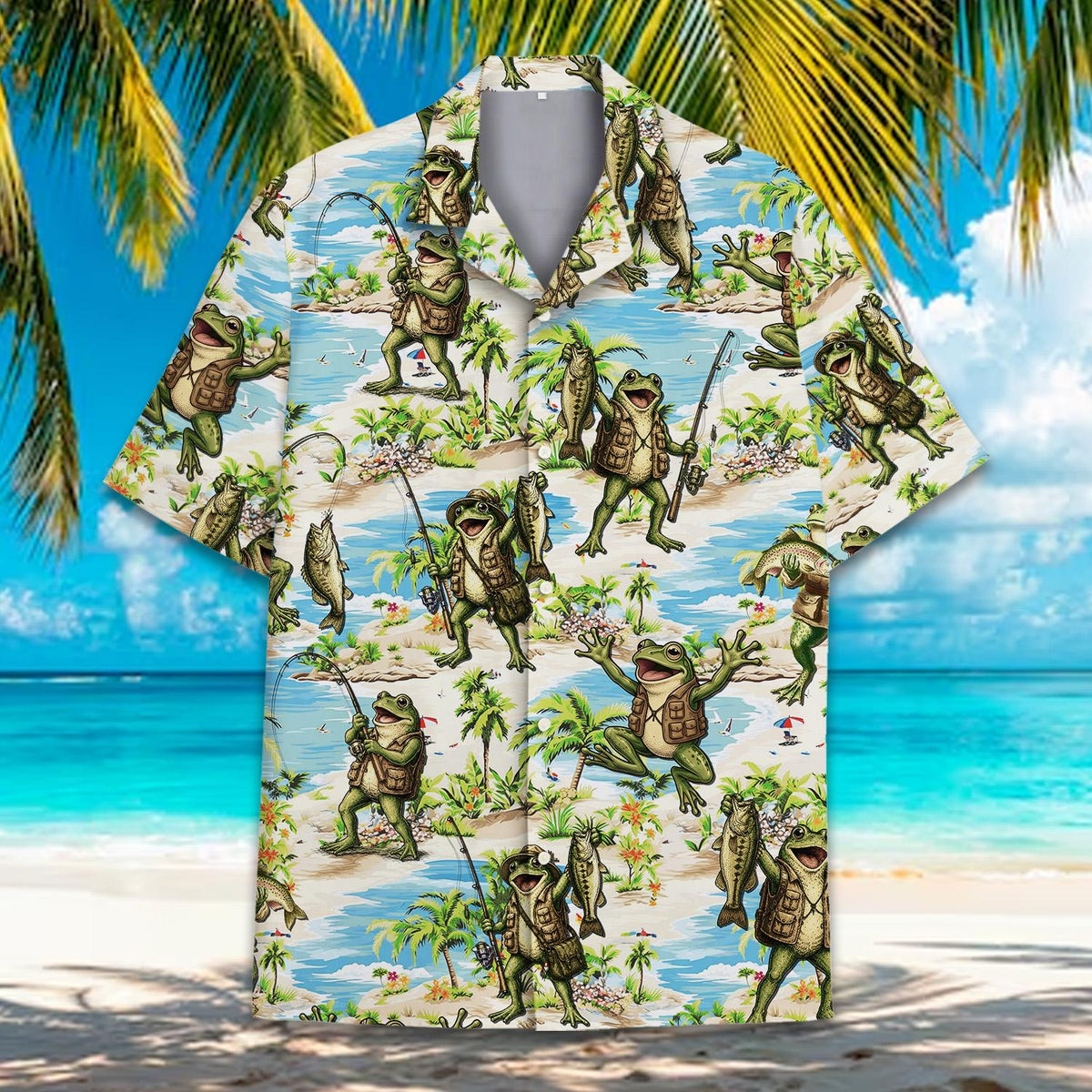 Another front view of the light blue fishing frog hawaiian shirt