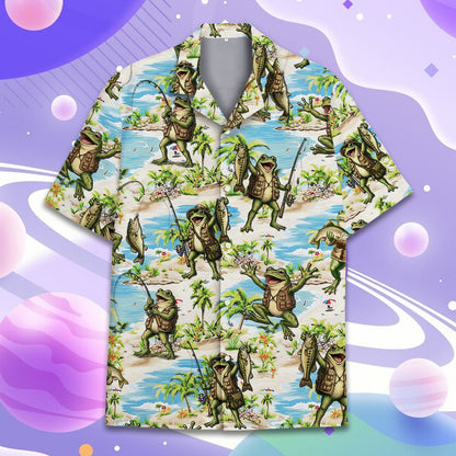 Front view of the tropical hawaiian shirt showing the detailed frog print