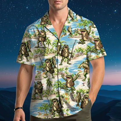 Front view of the fly fishing hawaiian shirt buttoned up