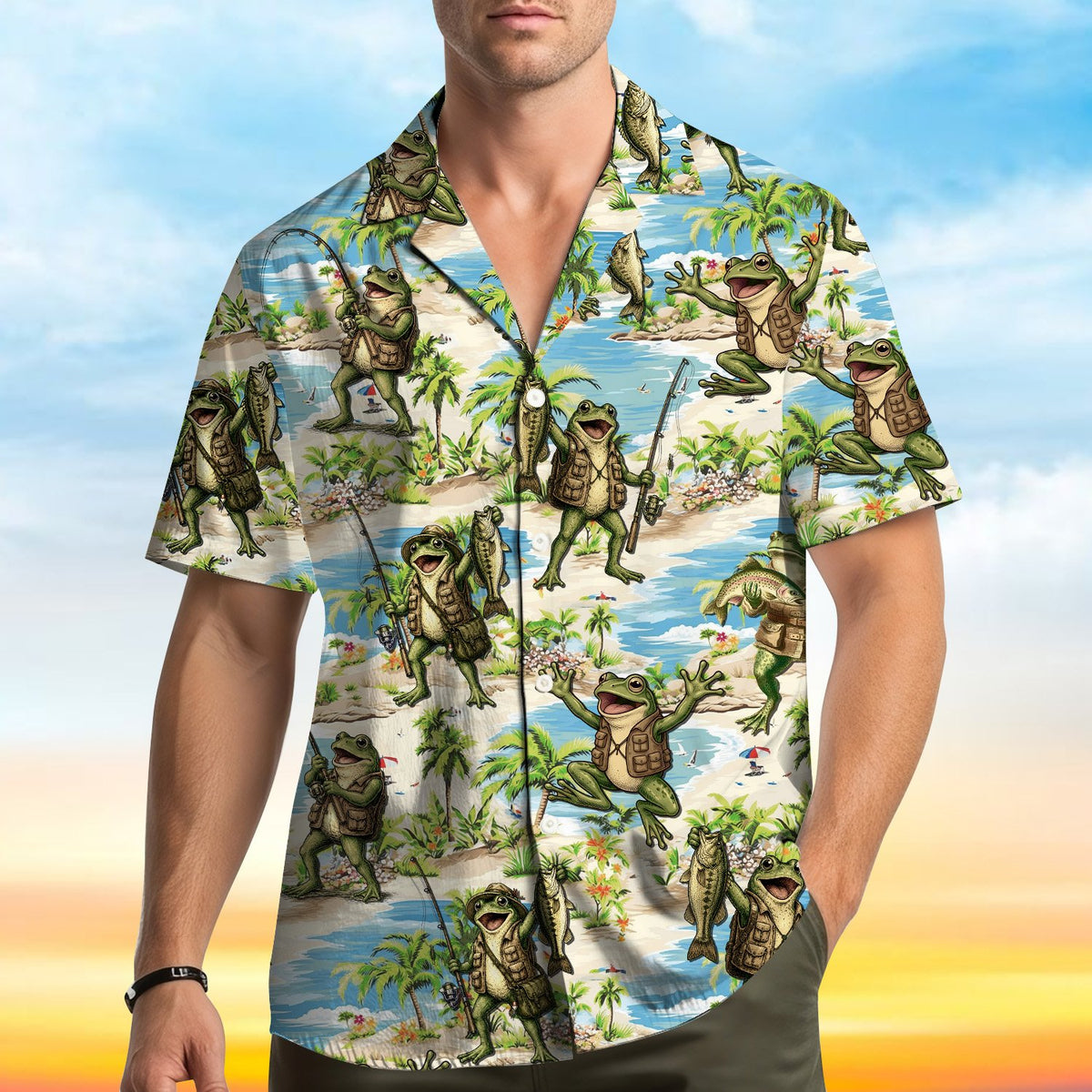 Close up front view of the fishing frog hawaiian shirt collar and print