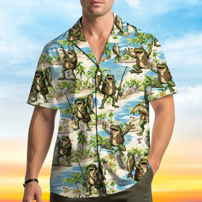 Close up front view of the fishing frog hawaiian shirt collar and print