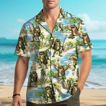 Front view of the matching family hawaiian shirt featuring fishing frogs on a beach