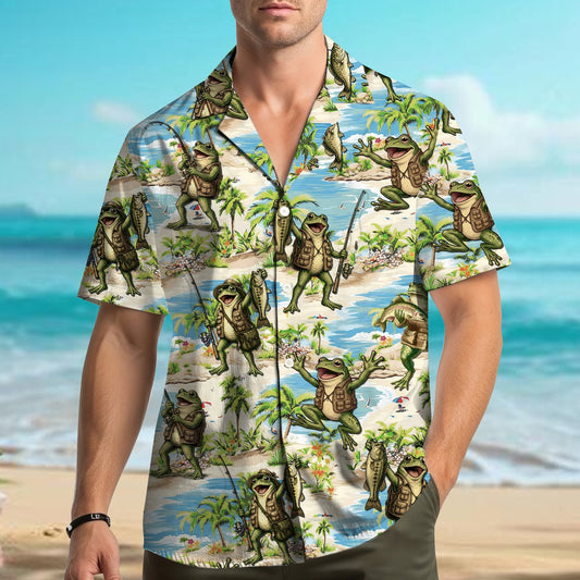 Main view of the fly fishing hawaiian shirt with a fishing frog and tropical beach design