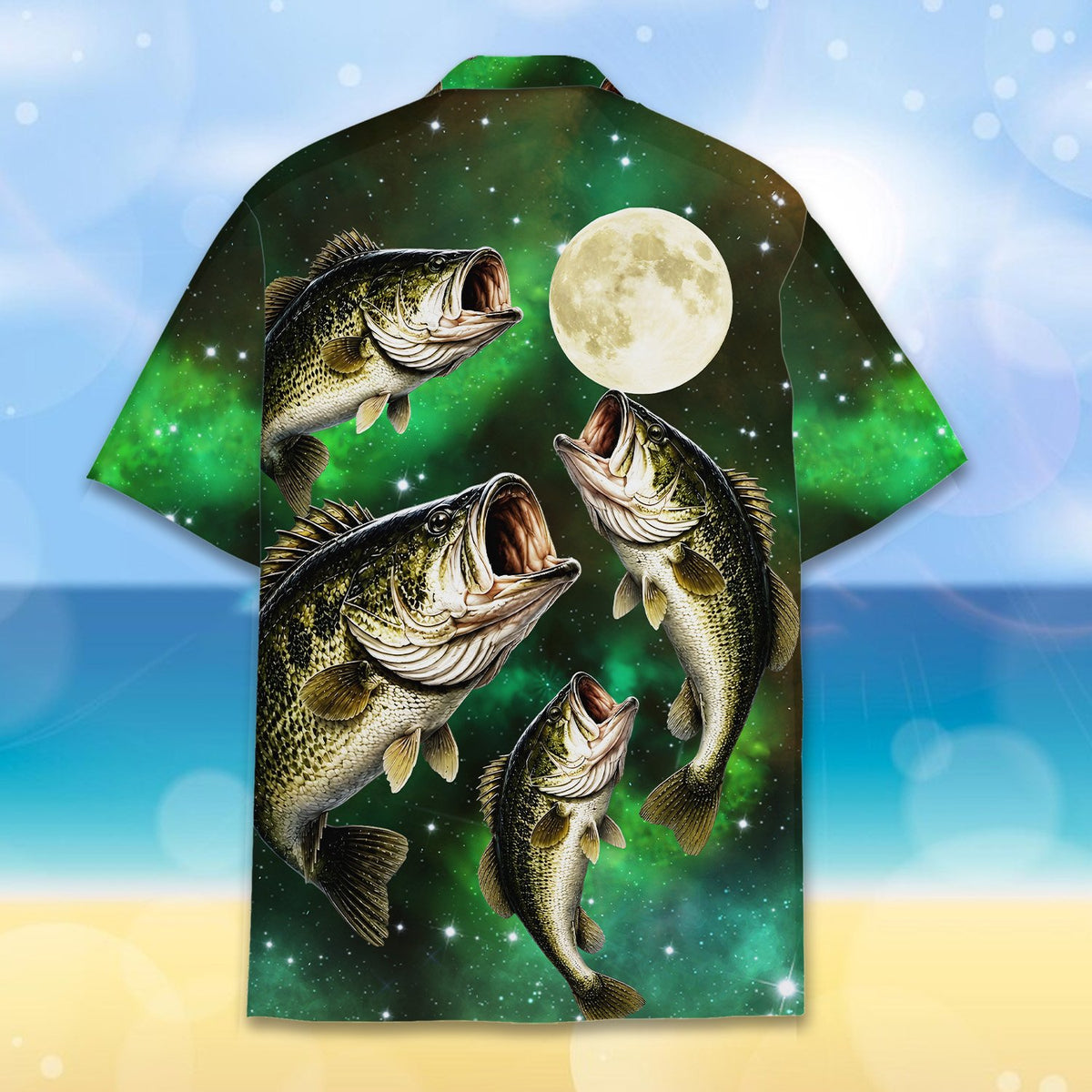 Detailed back view of the green fishing hawaiian shirt showing the cosmic pattern