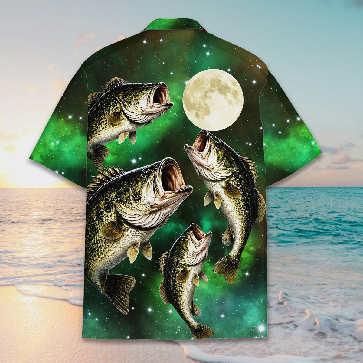 Close up back view of the green fishing hawaiian shirt