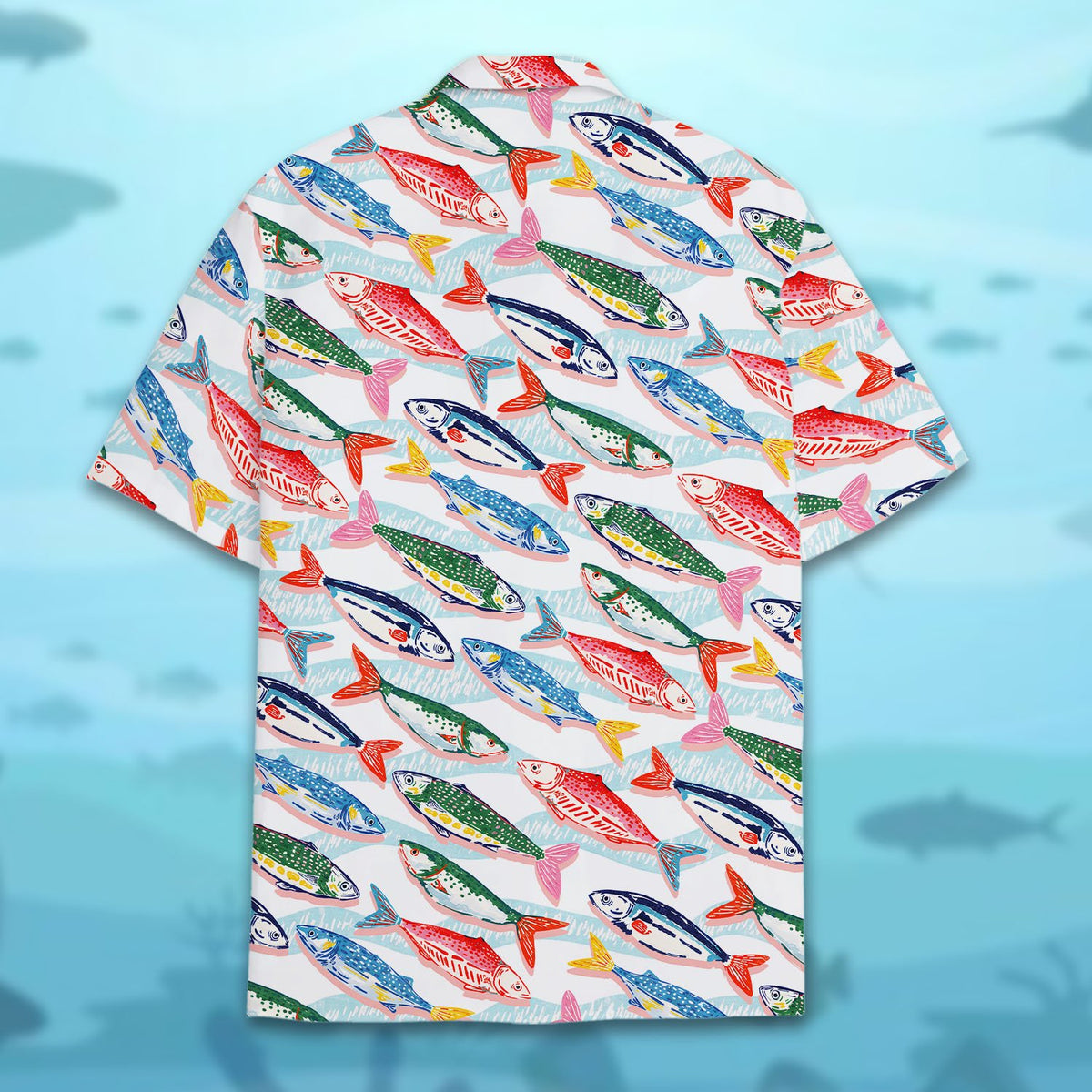 Back view of the white fishing hawaiian shirt showing the repeating fish print