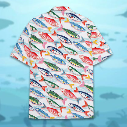 Back view of the white fishing hawaiian shirt showing the repeating fish print