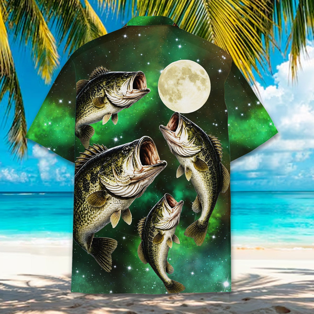 Back view of the green fishing hawaiian shirt with large full moon and bass