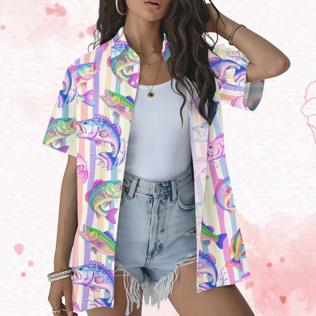 Another front view of the pastel rainbow striped fishing hawaiian shirt