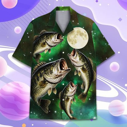Close up front view of the green fishing hawaiian shirt showing the starry background